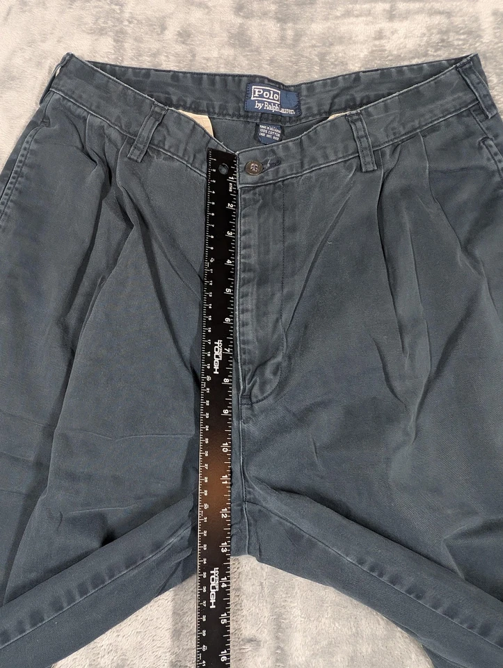 Pantalones Polo Ralph Lauren Para Hombre 34x32 Azul Gris Hammond Plisado Chino Puño Sarga Foto 3 de 4