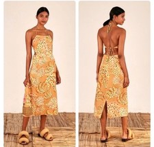 Farm Rio banana print linen dress XS Cutout Midi Halter Open Back