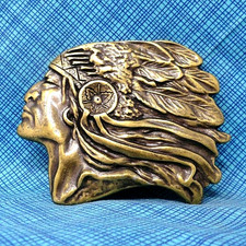 Native American Indian Chief Belt Buckle Cut Out Headdress Vintage 80s .CPA203