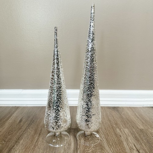 2 Mercury Blown Glass Christmas Table Decor Trees Snowy Texture Silver 17" & 15"