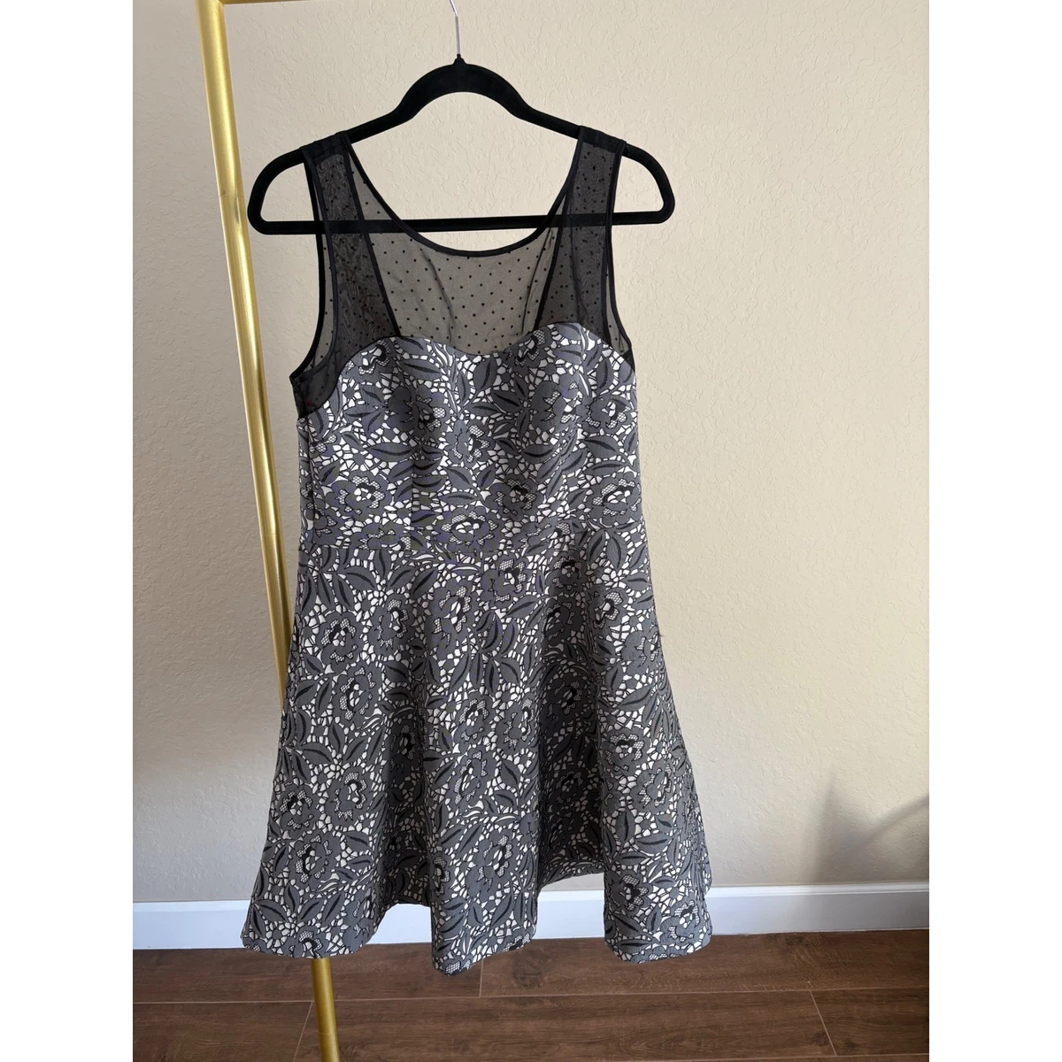 betsey johnson polka dot mesh dress Betsey Johnson Dress 6 Black Polka Dot Lace Mini A-Line Sweetheart 3/4 Sleeve