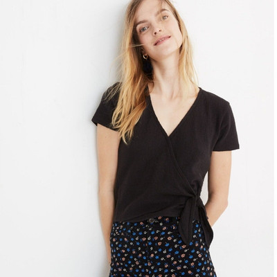 Madewell Texture & Thread Wrap-Tie Top in Black Size XXS