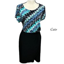 Cato Aqua Blue Black Zigzag Scoop Neck Short Sleeve Faux Wrap Skirt Dress Size L