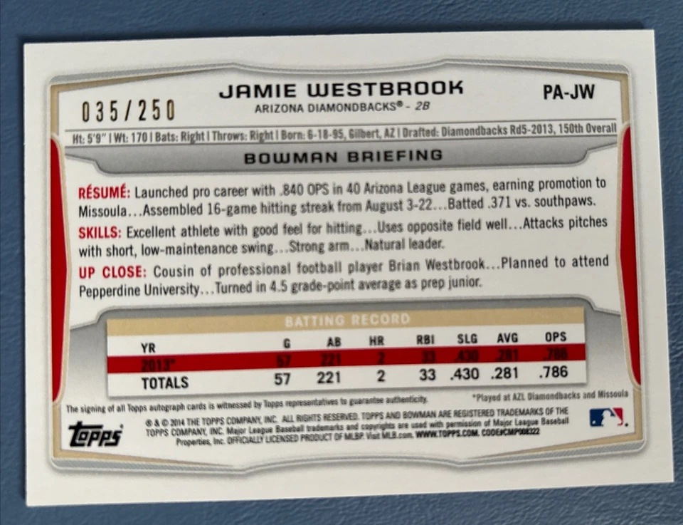 2014 Bowman - Retail Prospect Autographs Jamie Westbrook #PA-JW Orange /250 (AU, - Image 2 of 2