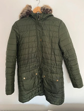 Womens Barbour Ascott Khaki Quilted Jacket Coat Detachable Hood UK 12 Winter Cla
