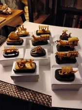 11 Assorted Vintage Celluloid  Japanese Figures With Wood Bases Original Boxes 