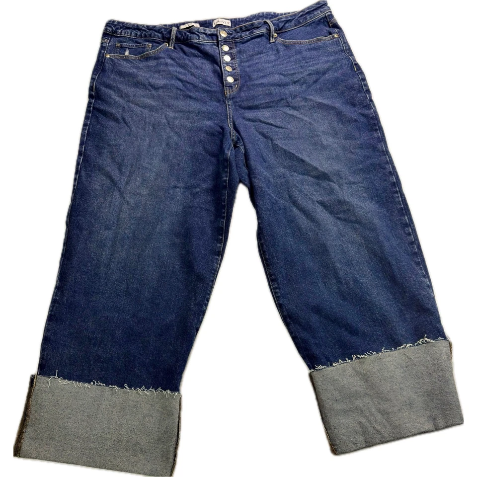 Pantalones de mezclilla para mujer Ava & Viv pierna recta botón mosca talla 24 pierna ancha con puños Foto 3 de 4