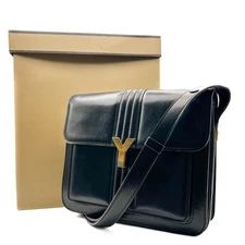 Saint Laurent Vintage Leather Shoulder Hand Bag YSL Purse Black Gold Authentic