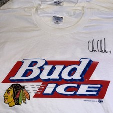 VTG chicago blackhawlks t shirt signed chris chelios Bud Ice Beer Budweiser 1996