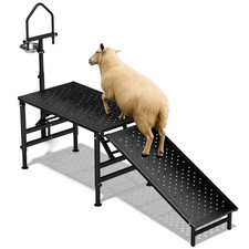 Goat Milking Stand with a Ramp, Metal Goat Stand with Feed Bin, 600LBS Livestock