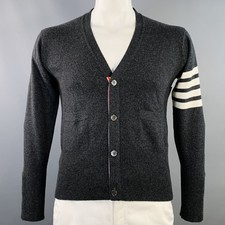 THOM BROWNE Size L White Charcoal 4 Bar Stripe Cashmere Two Pockets Cardigan