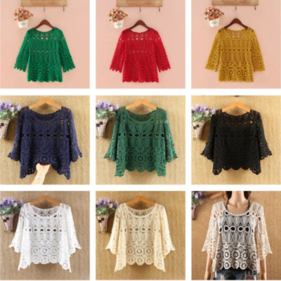 Damen Hohl Häkel Crop Top Halbarm Shirt Bolero Achselzucken Schal Cover Up