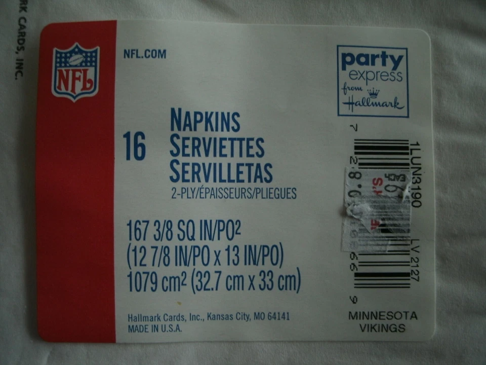Салфетки Minnesota Vikings NFL/16 CT/Party Express от Hallmark/6 1/2 X 6 1/2 дюйма - Изображение 3 из 3