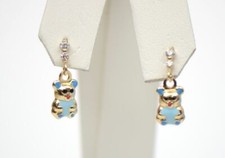 14K Solid Yellow Gold Teddy Bear Dangle Earring with Enamel