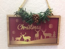 NEW Rustic Wood Farmhouse Christmas Tree Ornament 3 x 5 Deer Scene W/Greenery
