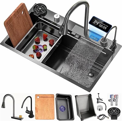 33x22 IN Flying Rain Stainless Steel Waterfall Kitchen Sink Digital Faucet Black