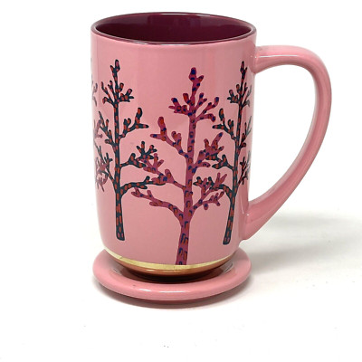 Davids Tea Nordic Mug Birch Pink Trees Ceramic Metallic Gold Base Lid/ Coaster