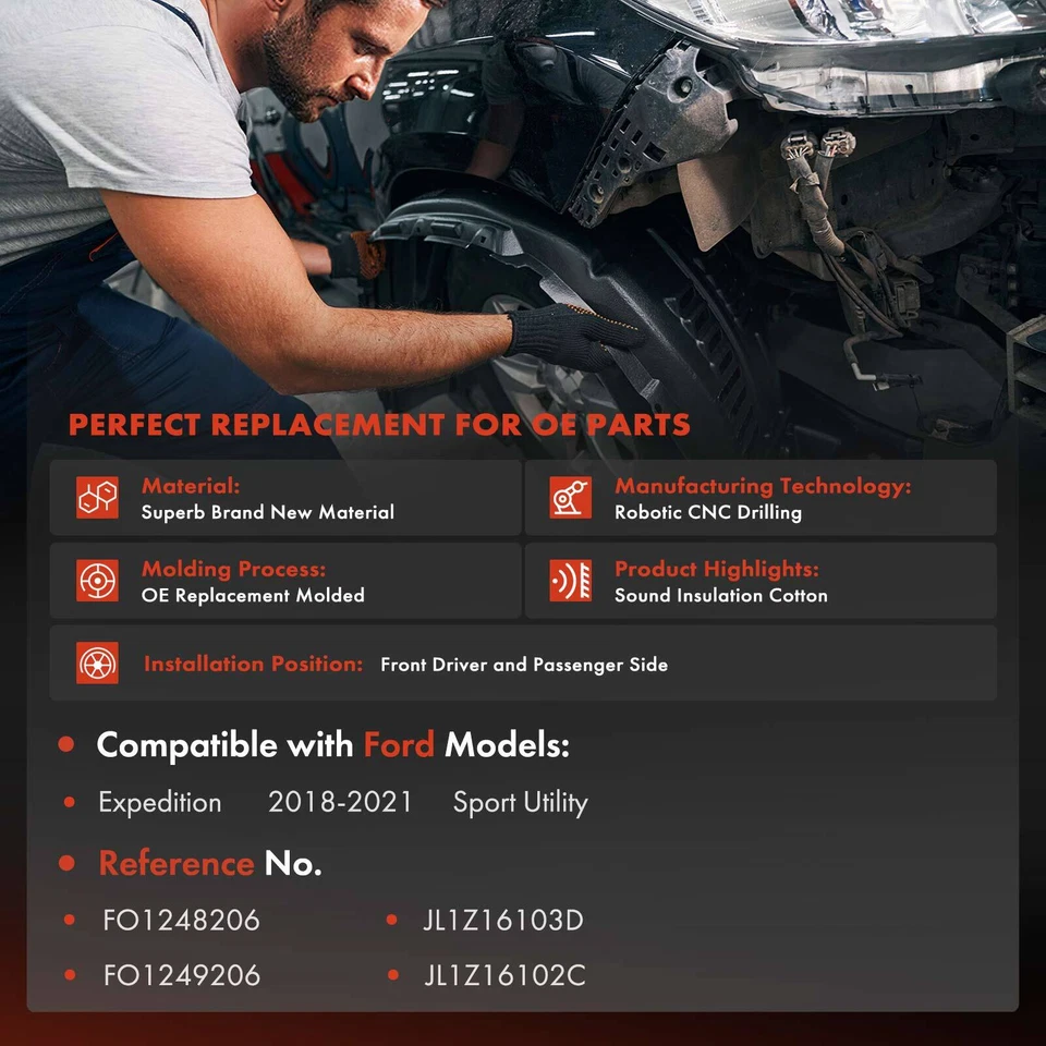 Forros de guardabarros interiores delanteros 2 piezas con espuma aislante para Ford Expedition 2018-2021 Foto 2 de 4