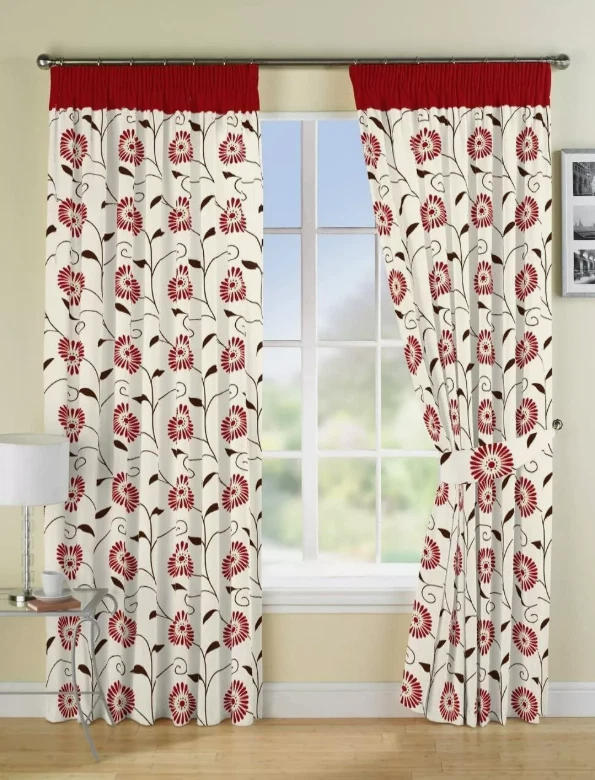 66" X 72" CURTAINS RED BLACK CREAM FLORAL LINED HEADING TAPE & TIEBACKS CLAUDIA