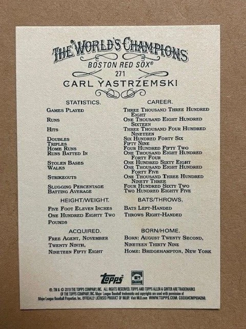 Carl Yastrzemski ~ 2019 Topps Allen & Ginter X BLACK PARALLEL #271  Red Sox - Image 2 of 2