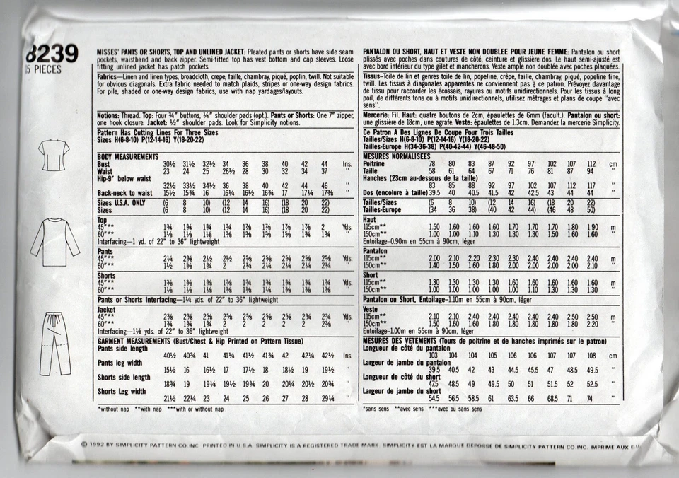 8239 UNCUT SIMPLICITY SEWING PATTERN LADIES CLASSIC WARDROBE SEPARATES SZ S 6 10 - Image 2 of 3