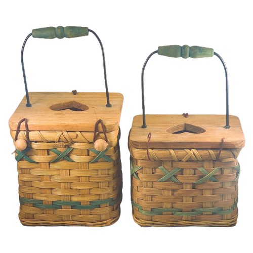 Vintage Woven Wood Heart Basket Set Metal Handle Cutout Green Brown Basketweave - Picture 3 of 3