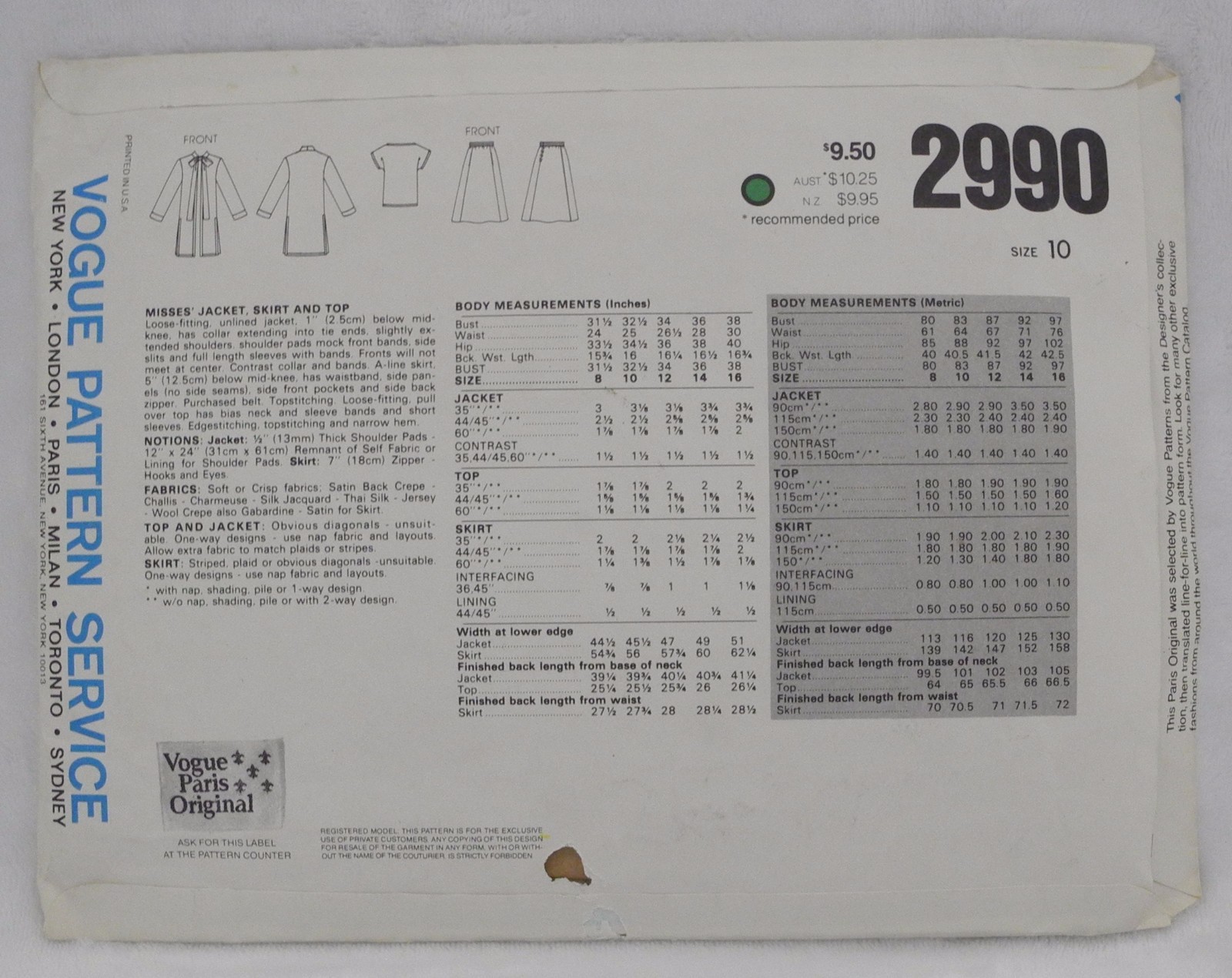 VTG 1980S PATTERN VOGUE 2990 YVES SAINT LAURENT MISSES’ JACKET SKIRT TOP SIZE 10