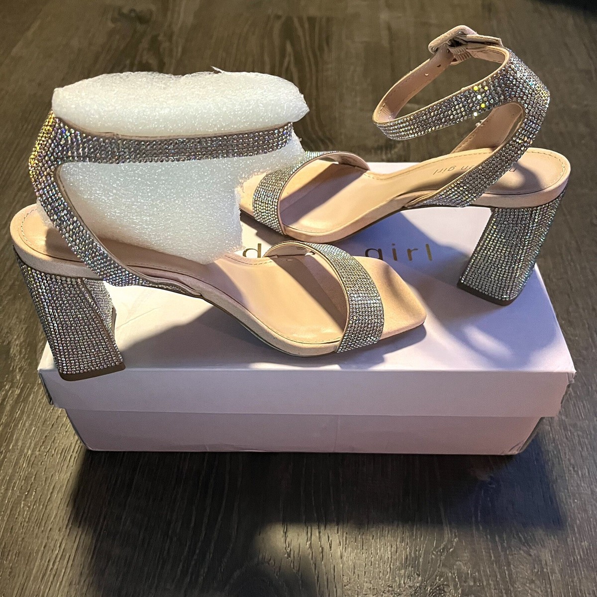 Madden Girl Winni Heel Bejeweled Pink Blush Neutral Block Heel Woman’s