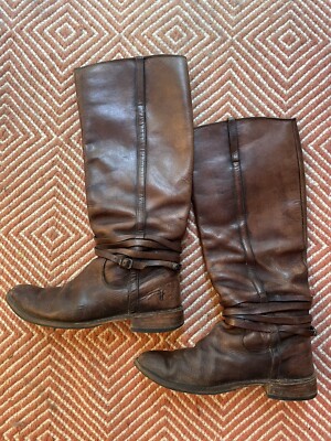 Frye Women’s Melissa Belted Tall Cognac Leather Wide Calf Riding Boots Size  7B