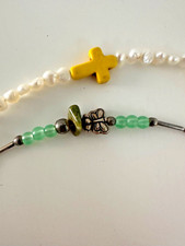 Childs Bracelet Freshwater Pearl Cross Butterfly Green Silver Tone Set of 2 6-7"