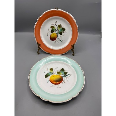 Vtg 2 Hand Painted Fruit Plates Scalloped Gold Trim Orange Mint Green Peach Set