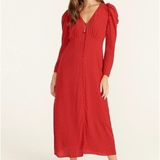 J CREW Red Pin Dot Drapey Puff Sleeve Button Down Maxi Sheath Dress Size 8 