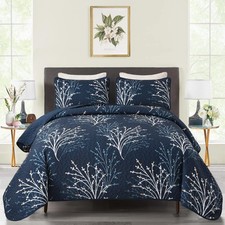 Size Quilt Set Branch Botanical Pattern Bedspread Coverlet Set, 3 King Navy