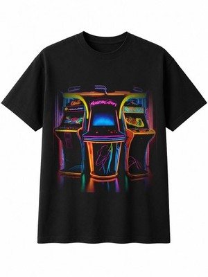 Neon Arcade Cabinet Arch Retro Y2K Herren T-Shirt Schwarz 100% Baumwolle Geschenk 90er