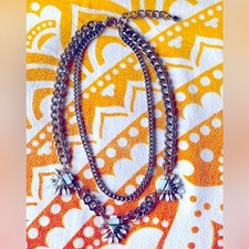 CRYSTAL-ACCENTED Floral, Double Chain Necklace, Silver, EUC (ROOM2TRE)