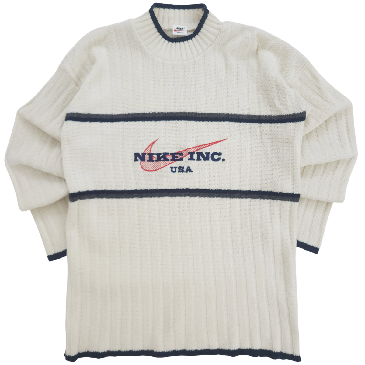 VTG 90s NIKE INC USA Creamy UK Made Embroidered Striped Knit 