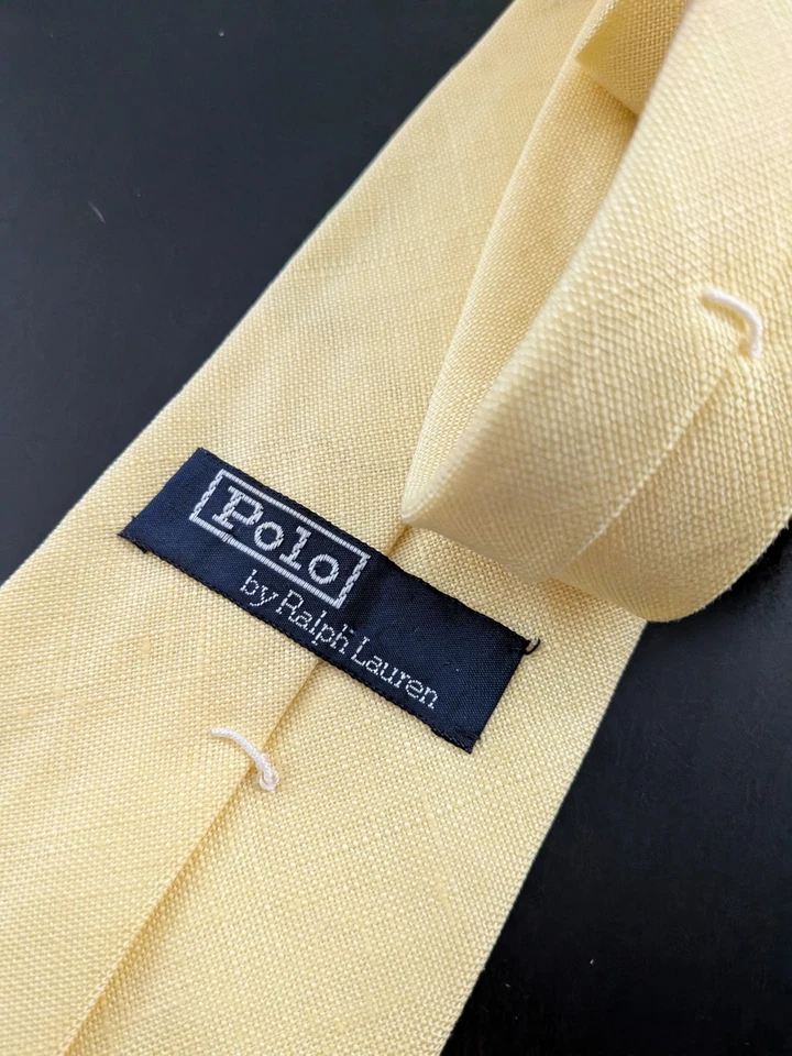 Vintage Polo Ralph Lauren Embroidered 100% Linen Neck Tie Made USA Yellow 57" - Image 3 of 4