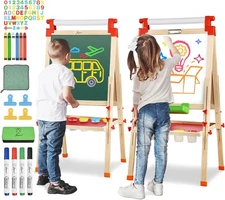 JOYOOSS Children's Wooden Easel with Paper Roll - Adjustable Drawing Board
