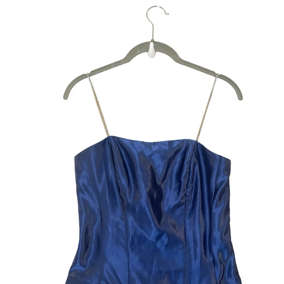 Jessica McClintock Gunne Sax 90s Dress Blue Satin Ruched Strapless Rhinestone - Image 4 of 4
