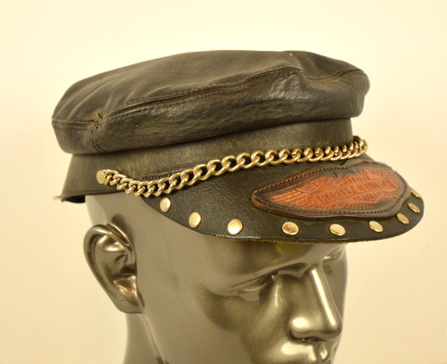 VINTAGE Harley Davidson Hat Black Leather Flat Cap Biker Men's Chain Stud S-M