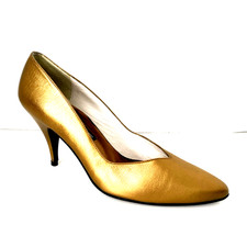 Stuart Weitzman Pump Leather Gold Slim Heel Slip On 6 M Classic Vintage Metallic