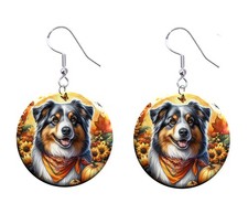 Australian Shepherd Dog Button Earrings Jewelry 1" Dangle MADE IN USA - NEW