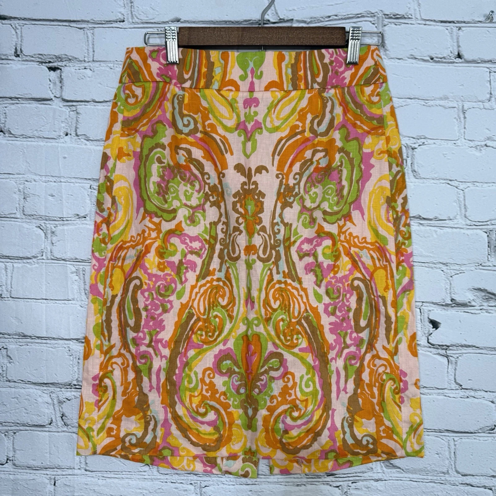 J. Crew Women's Pencil Skirt Size 2 100% Linen Paisley Colorful Zip 95379 Y2K