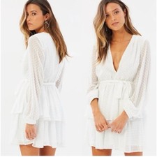 Lioness Legendary Lovers Plunge Dress White Swiss Dot Mini Tie Waist US 4 NWT