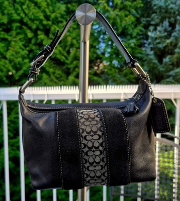 Vtg COACH Small Black Leather Handbag with Signature & Suede