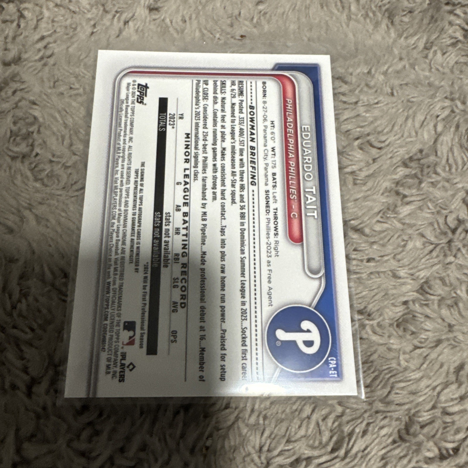 EDUARDO TAIT 2024 BOWMAN CHROME 1ST AUTOGRAPH PHILLIES AUTO 