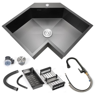 Corner Kitchen Sink 25 Inch with Pull Down Faucet, Black Butterfly Sink, 304 ...