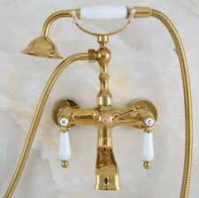 Polished Gold Brass Wall Mounted Clawfoot Bath Tub Faucet Hand Shower Mixer Tap