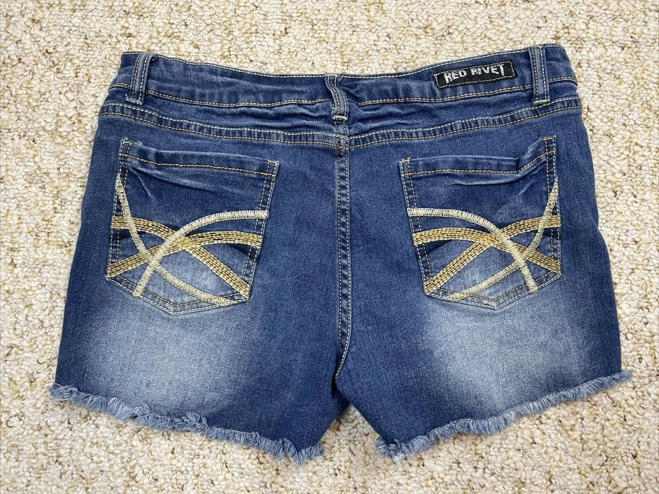 Pantalones cortos de jean Red Remache para mujer talla 5 desgastados elásticos dobladillo deshilachado (cintura 32") Foto 2 de 4