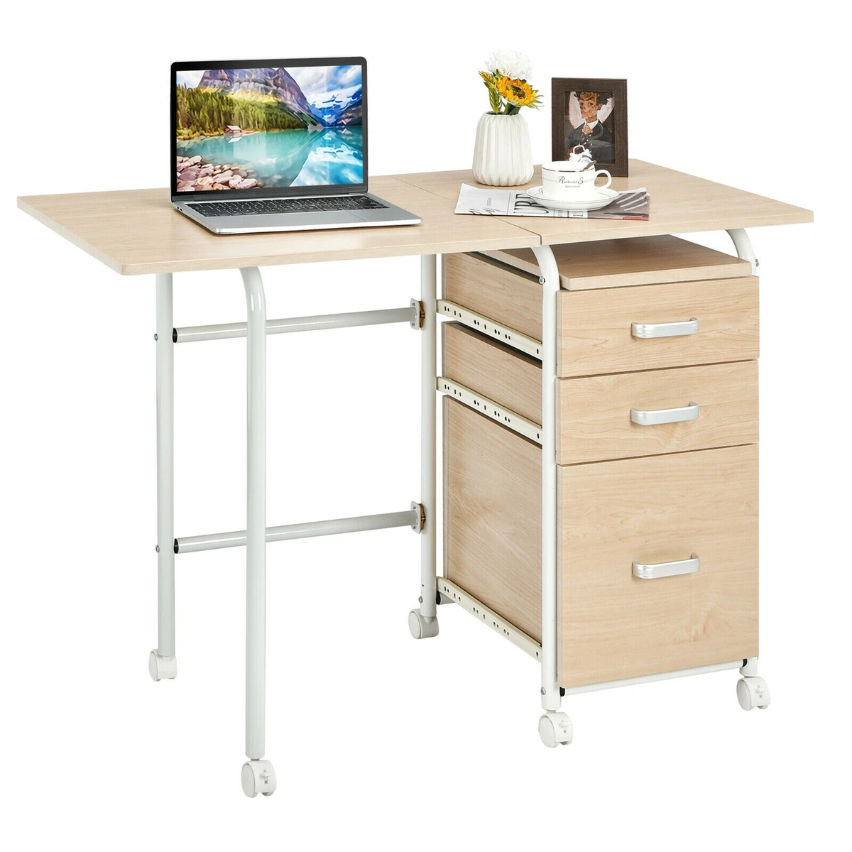 Folding Computer Laptop Desk Wheeled Home Office Furniture With 3